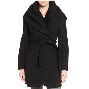 $370 Tahari Wool Blend Belted Wrap Coat Jacket shawl collar Black JACKET BELTED